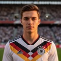Young German male football fan wearing Germany national team white Adidas jersey at stadium