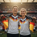 Young couple wearing Germany national team Adidas jerseys celebrating together