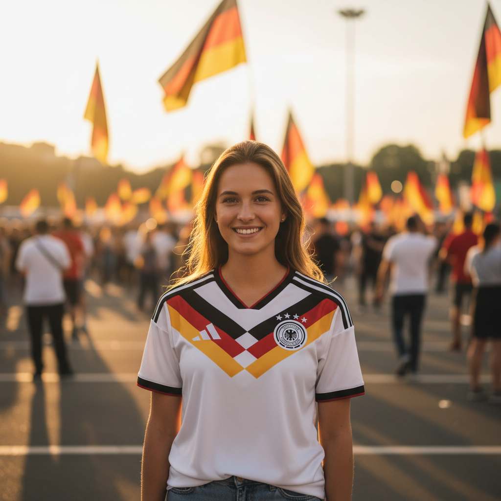 Young woman wearing Germany national team white Adidas jersey at fan zone