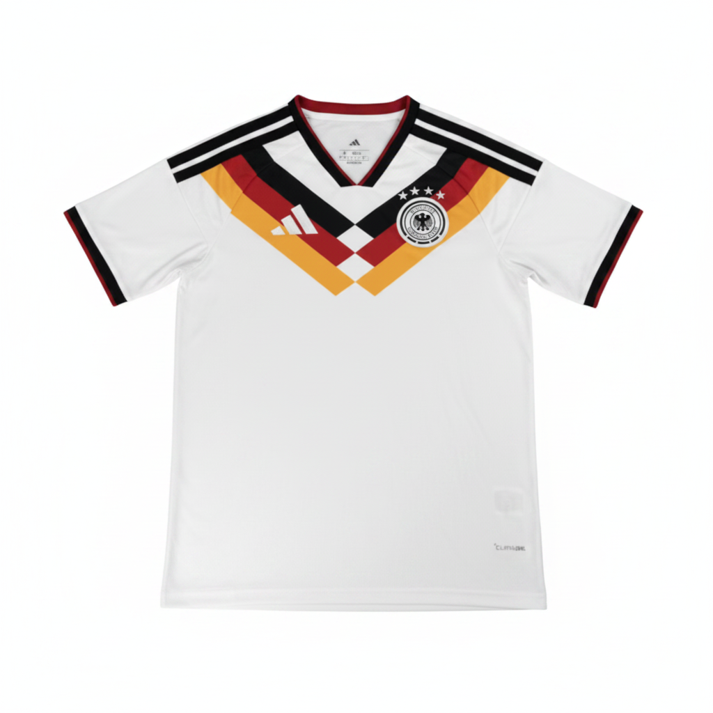 Germany national team white Adidas home jersey with black red gold diamond collar and German eagle crest